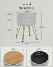Songmics Storage Ottoman, Velvet Dressing Table Stool, Round Storage Stool Seat, 4 Metal Legs, Dove Grey - thumbnail 2
