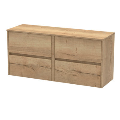 Nuie Havana Wall Hung 4-Drawer Vanity Unit & Worktop In Halifax Oak, Countertop Basin Unit In Autumn Oak, 1200mm