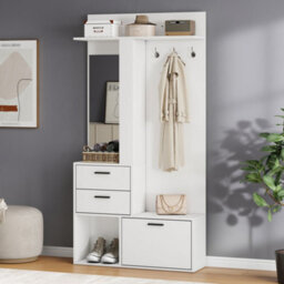 Merax Hallway Furniture Set With Shoe Cabinet, Mirror, Coat Rack, 2 Drawers & Open Shelves, Coat Stand, 90 X 30 X 180 Cm, White - thumbnail 2