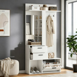 Merax Hallway Furniture Set With Shoe Cabinet, Mirror, Coat Rack, 2 Drawers & Open Shelves, Coat Stand, 90 X 30 X 180 Cm, White - thumbnail 3