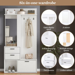 Merax Hallway Furniture Set With Shoe Cabinet, Mirror, Coat Rack, 2 Drawers & Open Shelves, Coat Stand, 90 X 30 X 180 Cm, White - thumbnail 7