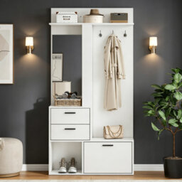 Merax Hallway Furniture Set With Shoe Cabinet, Mirror, Coat Rack, 2 Drawers & Open Shelves, Coat Stand, 90 X 30 X 180 Cm, White - thumbnail 1