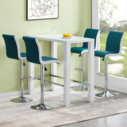 Furniture in Fashion Jam Rectangular Glass White Bar Table 4 Ritz Teal White Stools
