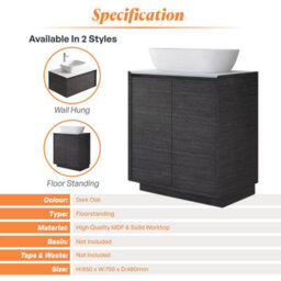 Plum&clay Matterhorn Dark Oak Floor Standing Bathroom Vanity Unit With White Countertop (W)750mm (H)850mm - thumbnail 4