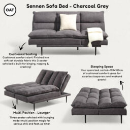 OAT Home Sennen Fabric Cushion Style Clic Clac 3 Seater Sofa Bed - Charcoal Grey - thumbnail 2