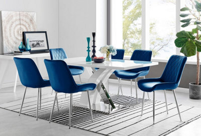 Furniturebox Atlanta White High Gloss And Chrome 6 Seater Dining Table With Statement X Shaped Legs And 6 Navy Velvet Pesaro Chairs - image 1