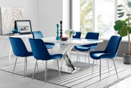 Furniturebox Atlanta White High Gloss And Chrome 6 Seater Dining Table With Statement X Shaped Legs And 6 Navy Velvet Pesaro Chairs - thumbnail 1