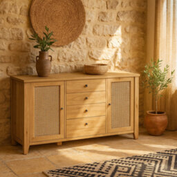 Wyld Haus Monza Natural Oak & Rattan 2 Door 4 Drawer Wide Sideboard