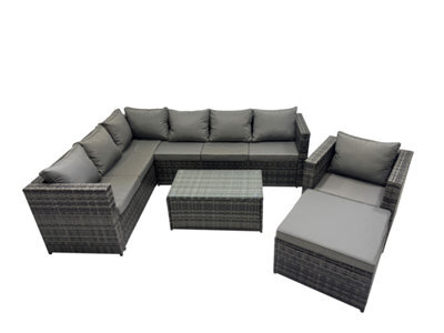 Fimous Outdoor Rattan Rectangular Coffee Table Corner Sofa Sets Garden Furniture Set With Big Stool Dark Grey Mixed - image 1