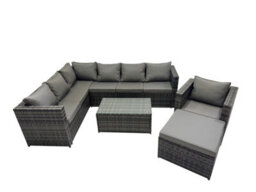 Fimous Outdoor Rattan Rectangular Coffee Table Corner Sofa Sets Garden Furniture Set With Big Stool Dark Grey Mixed - thumbnail 1
