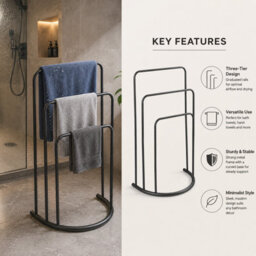 Billtix 3 Tier Freestanding Metal Bathroom Towel Holder Drying Rail Storage Stand, In Black. - thumbnail 7