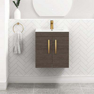 Royal Bathrooms Turin Grey Elm 500mm Wall Hung Vanity Unit 2 Door With Minimalist Basin Sink & Brushed Brass Handles - image 1