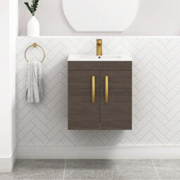 Royal Bathrooms Turin Grey Elm 500mm Wall Hung Vanity Unit 2 Door With Minimalist Basin Sink & Brushed Brass Handles - thumbnail 1