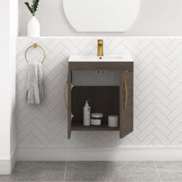 Royal Bathrooms Turin Grey Elm 500mm Wall Hung Vanity Unit 2 Door With Minimalist Basin Sink & Brushed Brass Handles - thumbnail 5