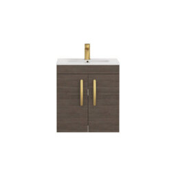 Royal Bathrooms Turin Grey Elm 500mm Wall Hung Vanity Unit 2 Door With Minimalist Basin Sink & Brushed Brass Handles - thumbnail 6