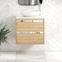 Royal Bathrooms Orion 600mm Natural Oak Wall Hung Plain White Countertop Vanity Unit 2 Drawer With Nova Basin & Chrome Accent Trim - thumbnail 2