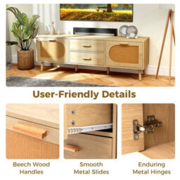 Costway Rattan Tv Stand For 65-Inch Tv 150Cm Tv Console Cabinet With Drawers - thumbnail 9