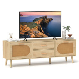 Costway Rattan Tv Stand For 65-Inch Tv 150Cm Tv Console Cabinet With Drawers - thumbnail 2