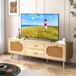 Costway Rattan Tv Stand For 65-Inch Tv 150Cm Tv Console Cabinet With Drawers - thumbnail 1