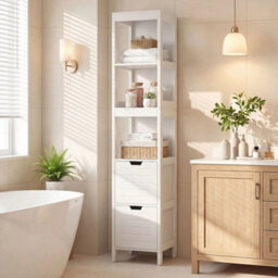 Slim Wooden Linen Tower Tall Bathroom Storage Cabinet - thumbnail 4
