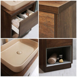 Homestylestore Dark Oak 600mm Bathroom Vanity Unit Rectangular Sand Countertop Basin Open Shelf - thumbnail 2