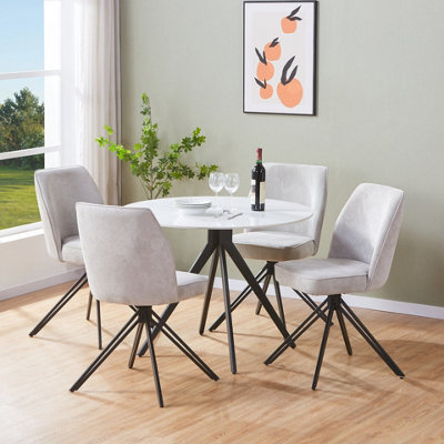 Core Products Aspen Gloss White Sintered Stone Round Table & 4 Swivel Dining Chairs, Light Grey Cord Fabric Dining Set - image 1