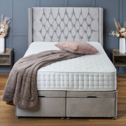 Bsspoke Ottoman Divan End Lift Up Storage Bed Silver Plush With Mattress & 54Inch Wingback Headboard Double King All Sizes