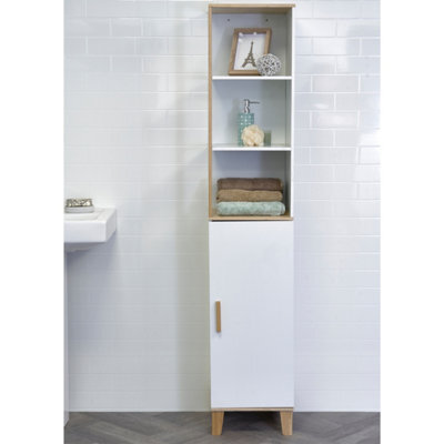Showerdrape Catania Matt White & Bamboo Tall Bathroom Cabinet With Display Shelves - image 1