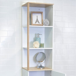 Showerdrape Catania Matt White & Bamboo Tall Bathroom Cabinet With Display Shelves - thumbnail 2