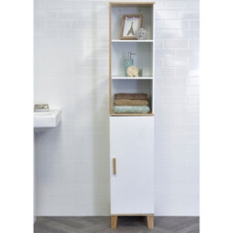Showerdrape Catania Matt White & Bamboo Tall Bathroom Cabinet With Display Shelves