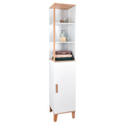 Showerdrape Catania Matt White & Bamboo Tall Bathroom Cabinet With Display Shelves - thumbnail 5