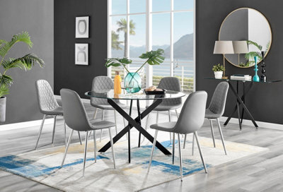 Furniturebox Uk Novara Black Leg 120Cm Round Glass Dining Table & 6 Grey Corona Silver Chairs - image 1