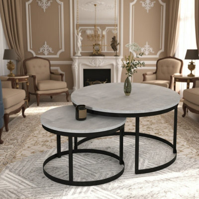 Okin 2 Piece Coffee Table Set Modern Metal Base With Durable Laminated Pvc Tops Large Small Duo Legs Black Top Light Concrete - image 1