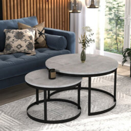 Okin 2 Piece Coffee Table Set Modern Metal Base With Durable Laminated Pvc Tops Large Small Duo Legs Black Top Light Concrete - thumbnail 2