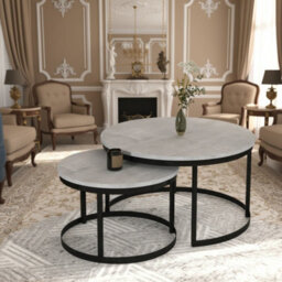 Okin 2 Piece Coffee Table Set Modern Metal Base With Durable Laminated Pvc Tops Large Small Duo Legs Black Top Light Concrete