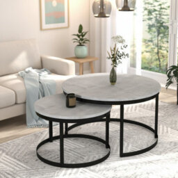 Okin 2 Piece Coffee Table Set Modern Metal Base With Durable Laminated Pvc Tops Large Small Duo Legs Black Top Light Concrete - thumbnail 3