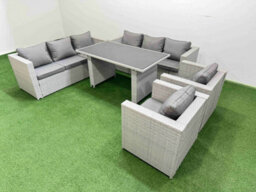 Fimous 8 Seater Wicker Pe Rattan Furniture Outdoor Dining Table 3 Seater Sofa Armchair Set Light Grey - thumbnail 2