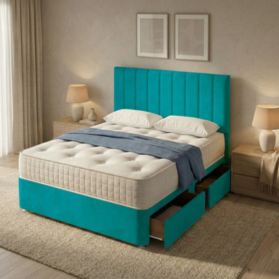 "Adore Designs Portland Plush Velvet Divan Bed, 50"" Headboard & Mattress - 6Ft Super King - Mallard - 2 Drawers Same Side" - image 1
