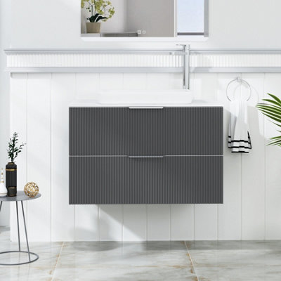 Royal Bathrooms Evora 800mm Graphite Grey Fluted Wall Hung Countertop Vanity Unit 2 Drawer With Qubix Basin - image 1
