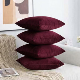 "Set Of 4 Burgundy Crushed Velvet Cushion Covers 18 X 18"" Sofa Pillows" - thumbnail 3