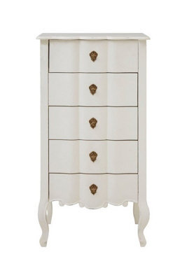 Orsina Antique Style 5 Drawer White Chest, Weathered White Bedroom Storage Cabinet, Carved Bayur Wood Chest - image 1