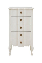 Orsina Antique Style 5 Drawer White Chest, Weathered White Bedroom Storage Cabinet, Carved Bayur Wood Chest - thumbnail 1