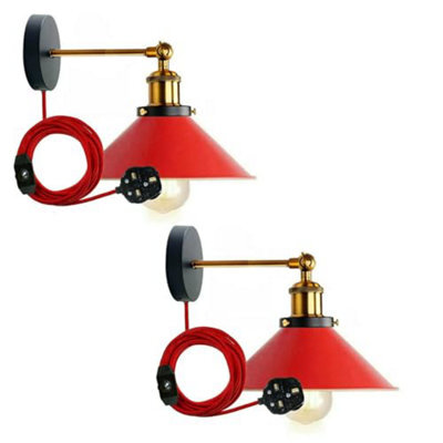 Industrial Red Effect Plug-In Wall Light - Red 2 Pack With Dimmable Switch - image 1