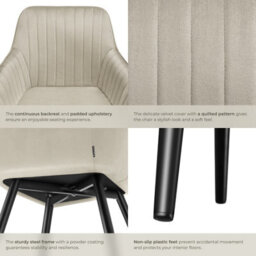 Tectake Set Of 6 Chair Marilyn - Velvet Look, Quilted, Continuous Backrest, Slim Steel Legs  - Cream/black - thumbnail 5