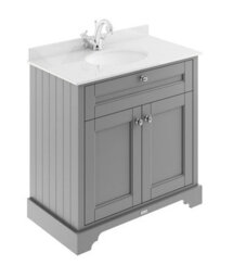 Hudson Reed Floor Standing Two Door Traditional Vanity Unit With 1 Tap Hole White Marble Top & Basin In Storm Grey, 820 X 470mm