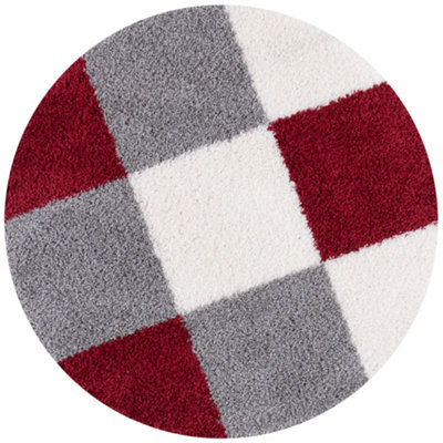 The Rugs Red Grey And Ivory Soft Checkerboard Design Fluffy Shaggy Rugs And Runners High Pile Living Room Kitchen Hallway 381 - image 1