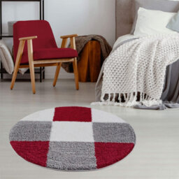 The Rugs Red Grey And Ivory Soft Checkerboard Design Fluffy Shaggy Rugs And Runners High Pile Living Room Kitchen Hallway 381 - thumbnail 2