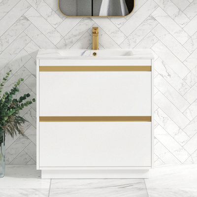 Royal Bathrooms Orion 800mm Matt White 2 Drawer Floor Standing Vanity Unit With Carrara White Basin & Brushed Brass Accent Trim - image 1