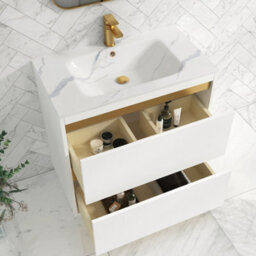 Royal Bathrooms Orion 800mm Matt White 2 Drawer Floor Standing Vanity Unit With Carrara White Basin & Brushed Brass Accent Trim - thumbnail 4