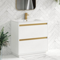 Royal Bathrooms Orion 800mm Matt White 2 Drawer Floor Standing Vanity Unit With Carrara White Basin & Brushed Brass Accent Trim - thumbnail 6